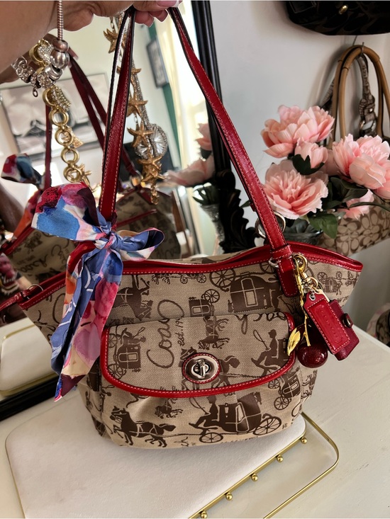 Coach Handbags - Iconic Coach Horse & Carriage brown canvas shoulder bag w red trim